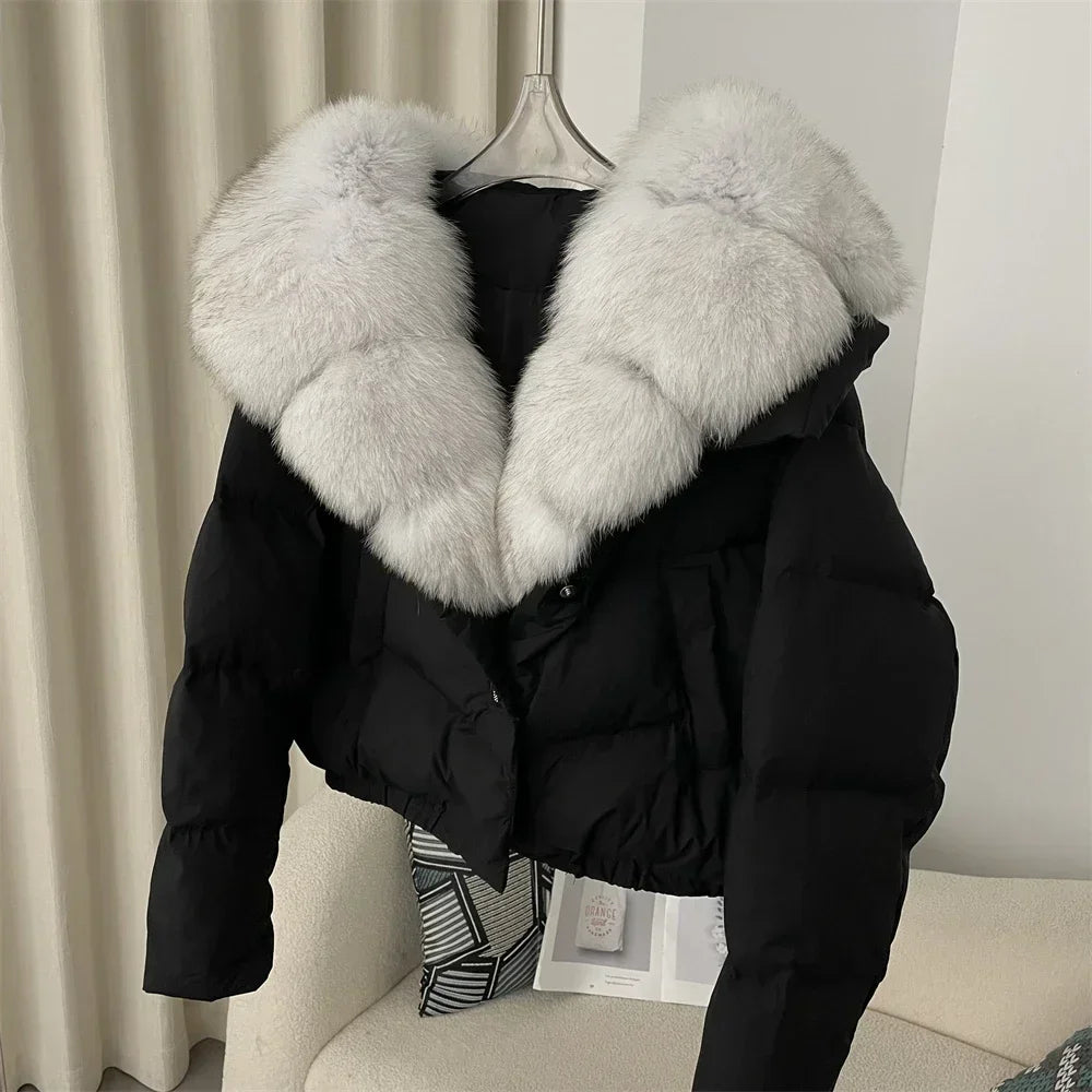 cropped duck down winter coat with real fox fur