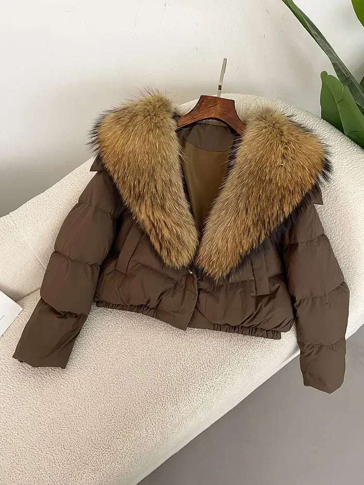 cropped duck down winter coat with real fox fur