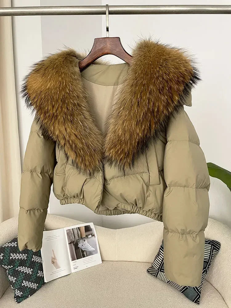 cropped duck down winter coat with real fox fur