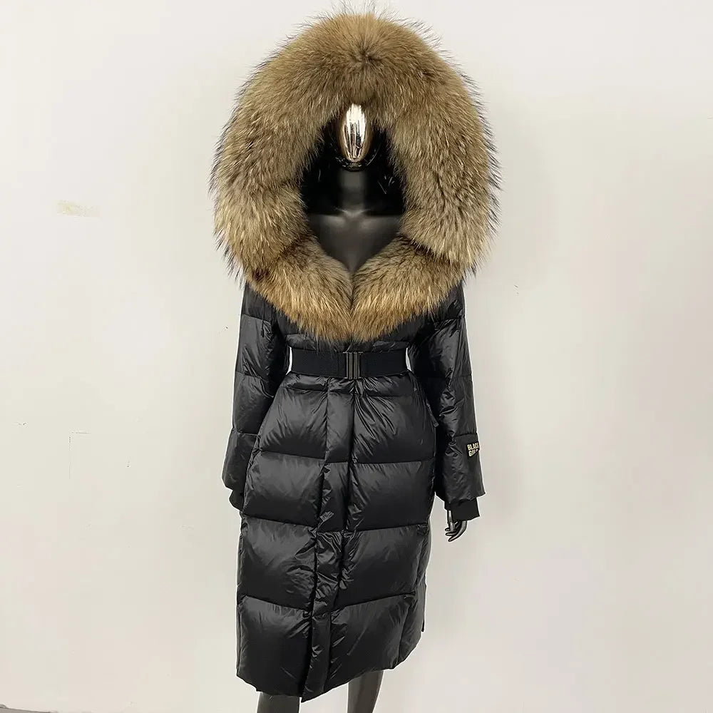 long coat with fox fur hood and belted waist