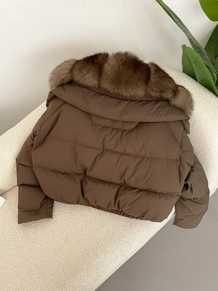 cropped duck down winter coat with real fox fur