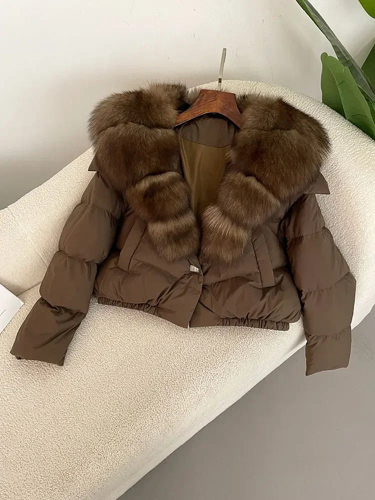 cropped duck down winter coat with real fox fur