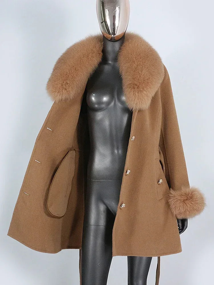 Long Winter Jacket Women Cuffs Belt Cashmere Real Fur Coat Natural Fox Fur Collar