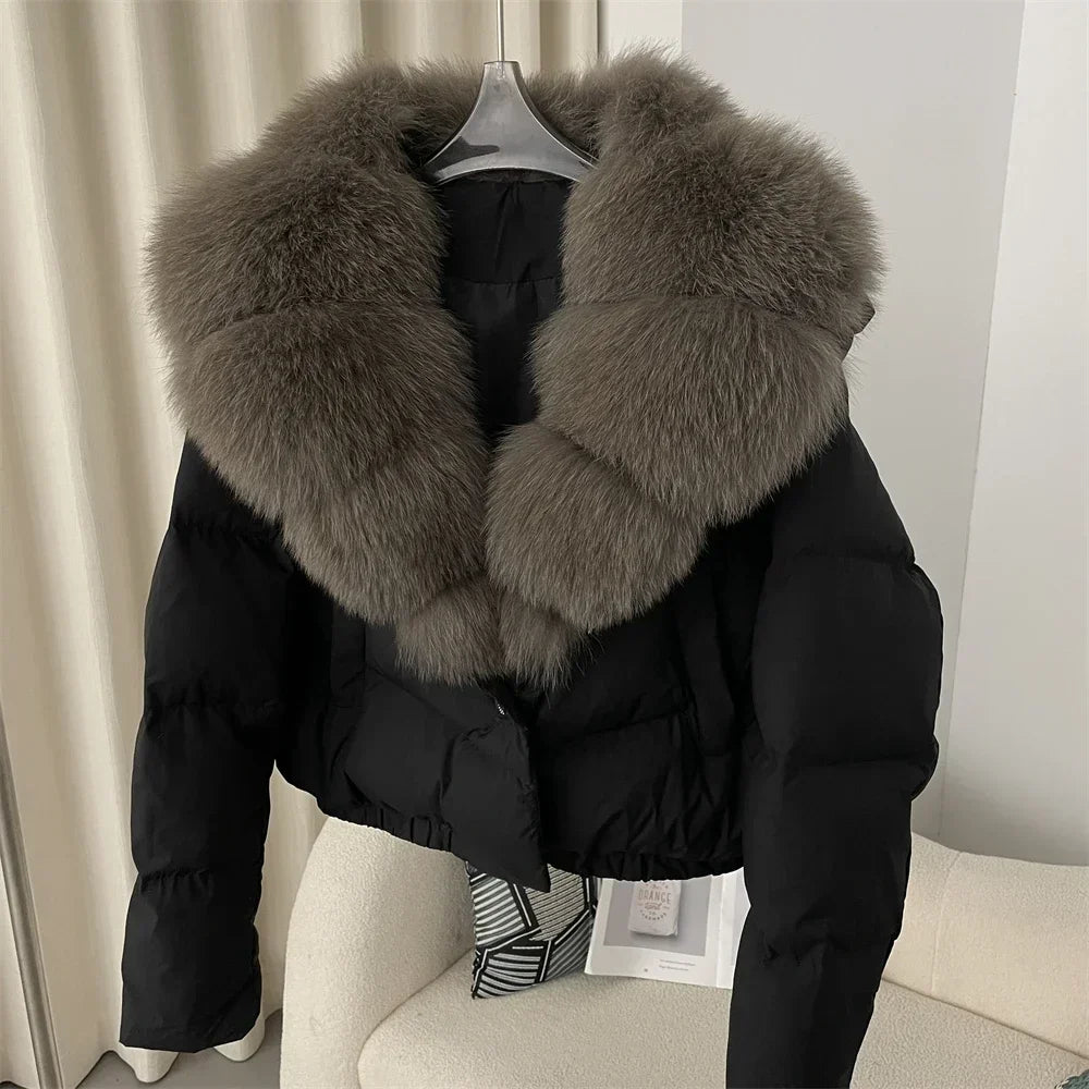 cropped duck down winter coat with real fox fur