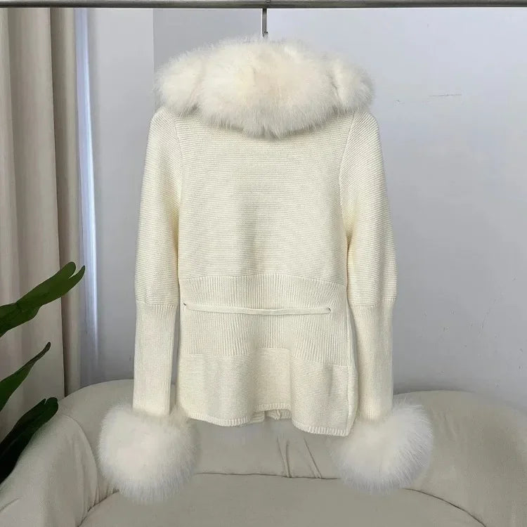 Real fox Fur Cardigan Detachable Collar