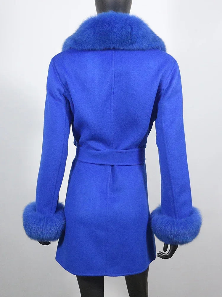 Long Winter Jacket Women Cuffs Belt Cashmere Real Fur Coat Natural Fox Fur Collar