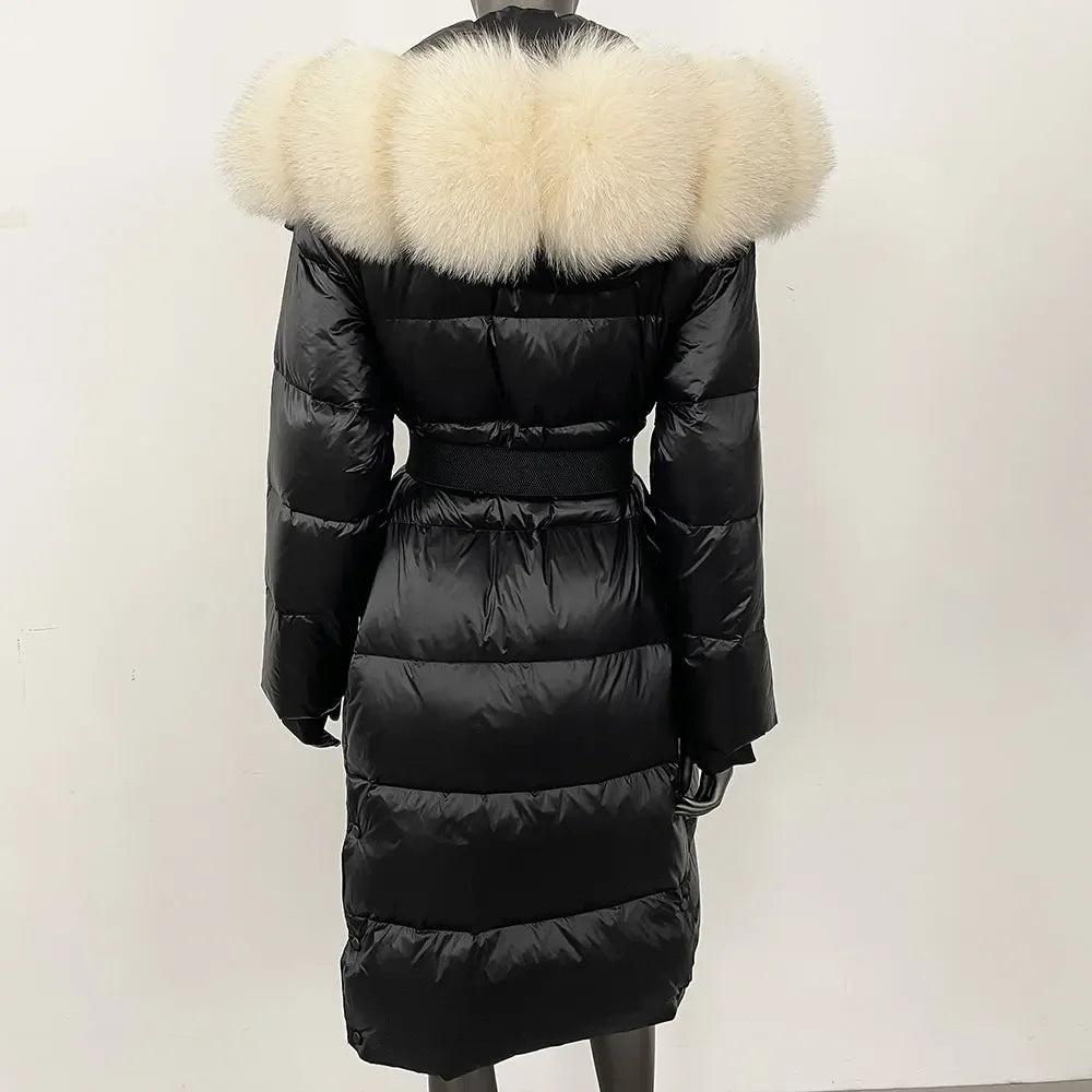 long coat with fox fur hood and belted waist