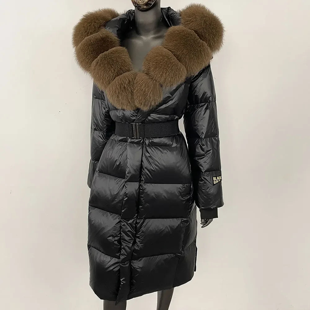 long coat with fox fur hood and belted waist