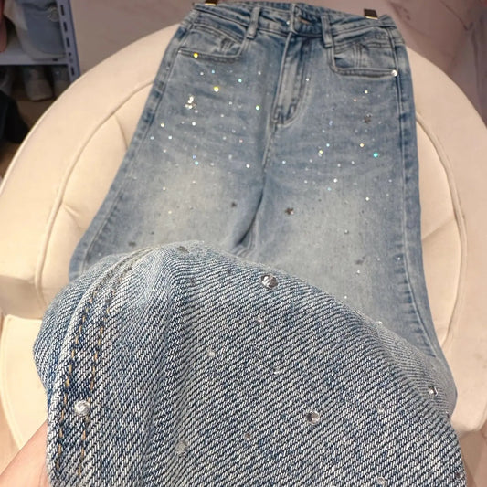 Narrow Straight Rhinestone women jeans