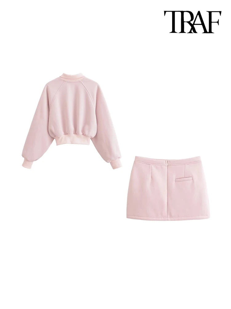 Zip Cropped Sweatshirt And Mid Waist Back Zipper Mini Skirt