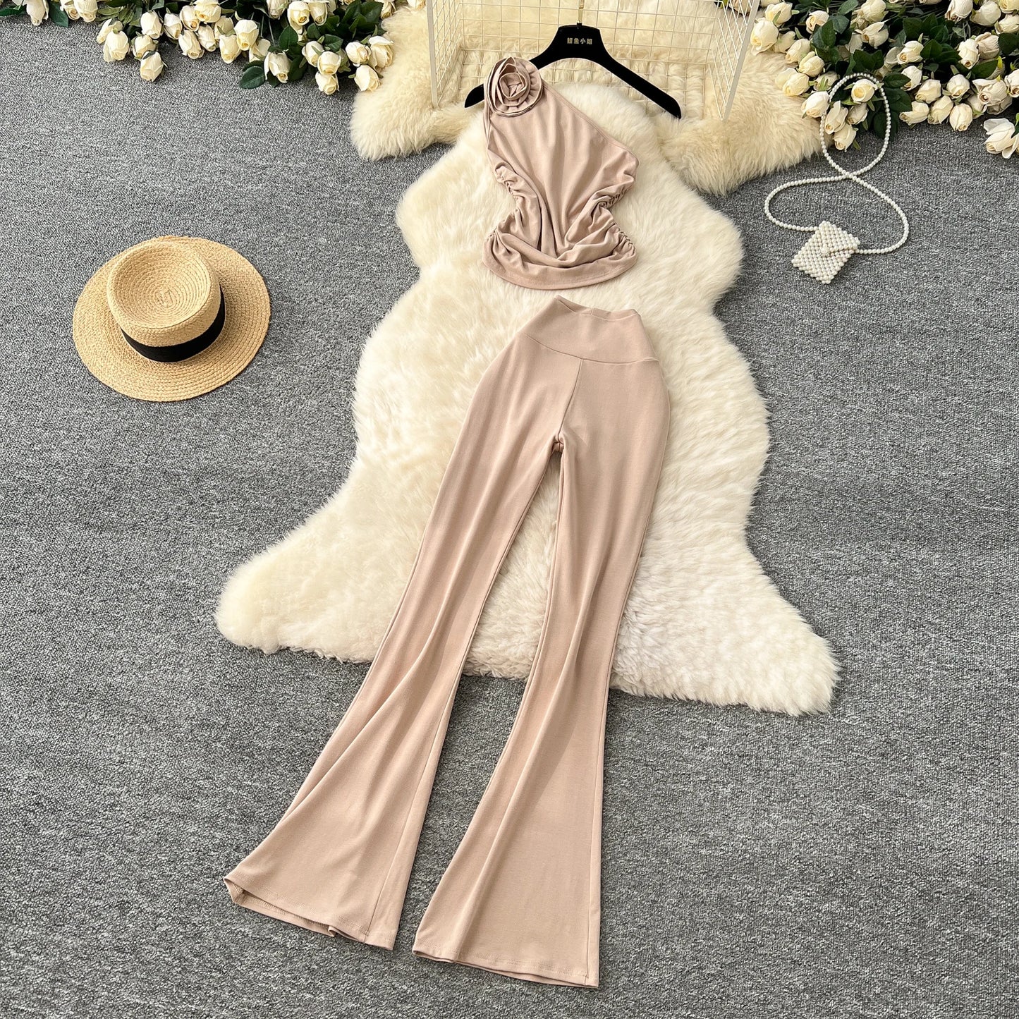 3D flower Two Pieces Sleeveless Top and flares