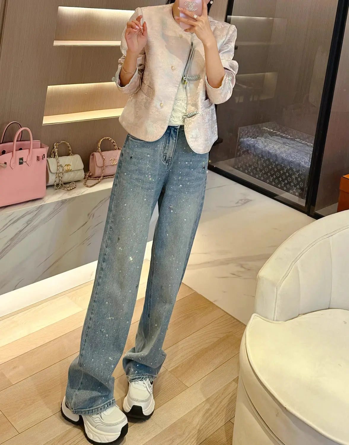 Narrow Straight Rhinestone women jeans