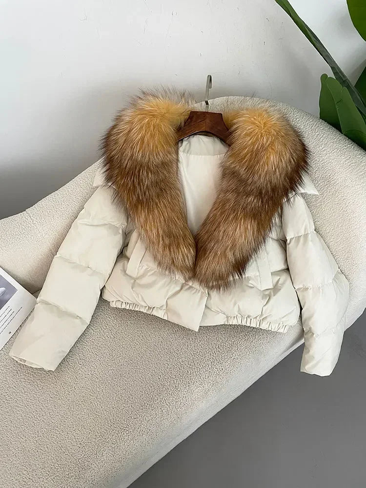 cropped duck down winter coat with real fox fur