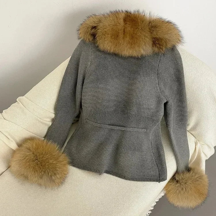 Real fox Fur Cardigan Detachable Collar