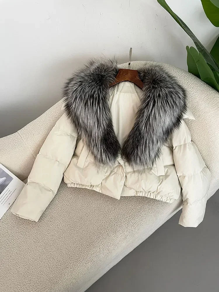 cropped duck down winter coat with real fox fur