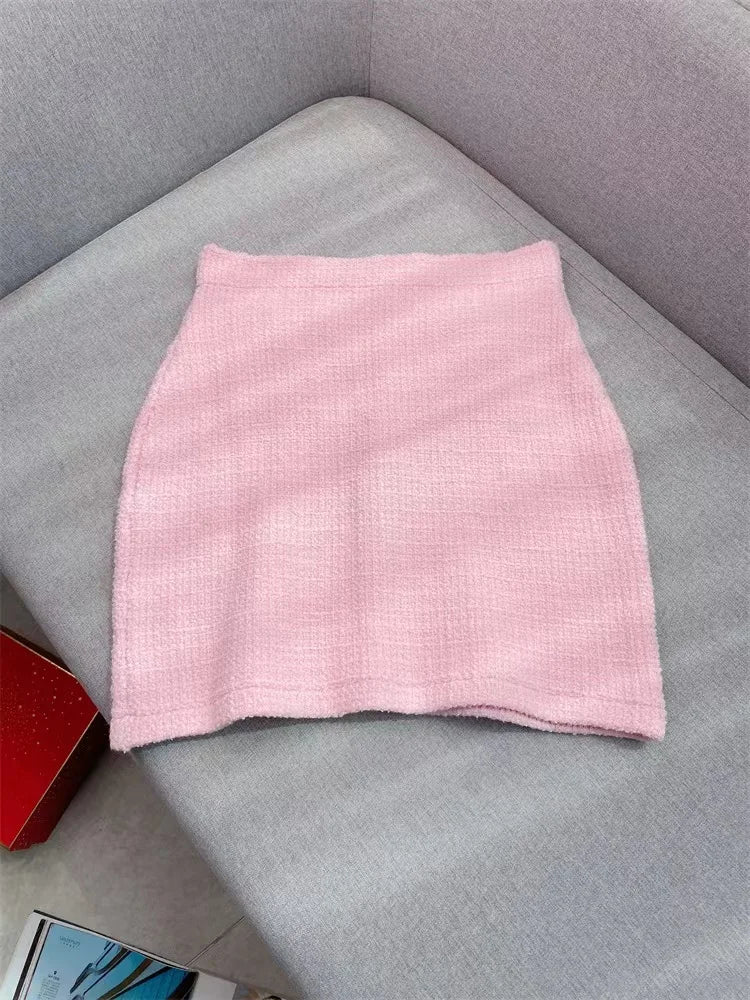 Pink Knitted Set Women Elegant Short Sleeve