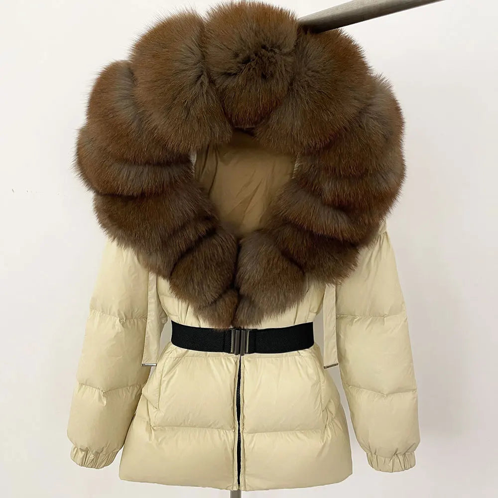 medium length woman coat duck down real fox and racoon fur