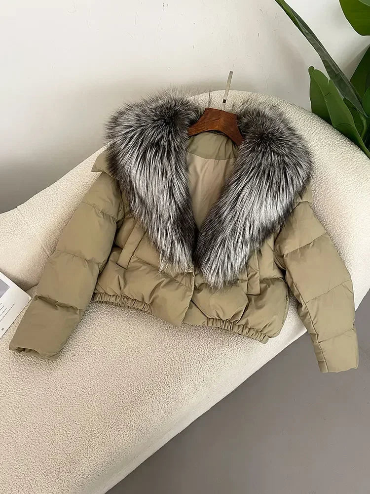 cropped duck down winter coat with real fox fur