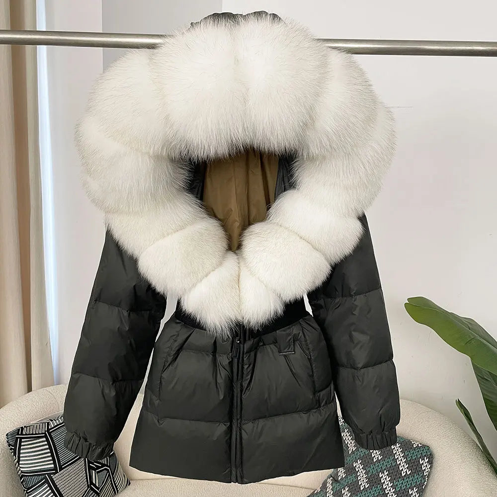 medium length woman coat duck down real fox and racoon fur