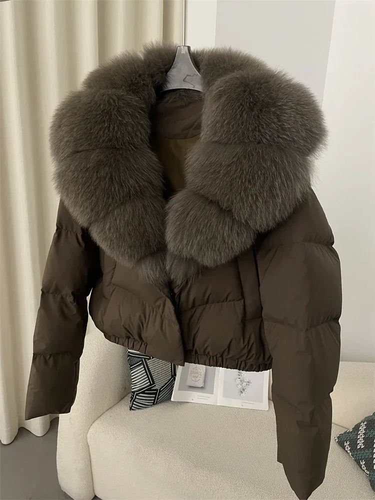 cropped duck down winter coat with real fox fur