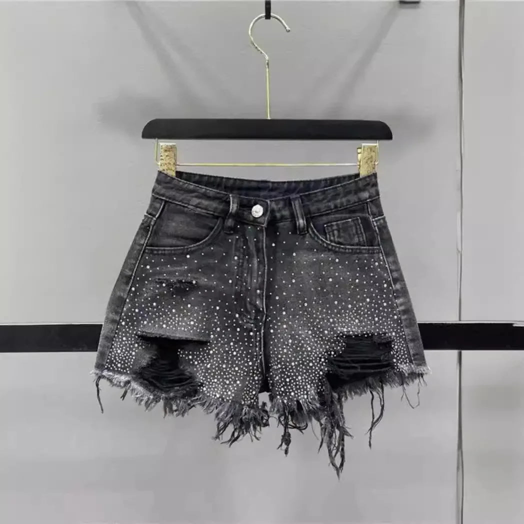 High Waist Diamond Denim Shorts