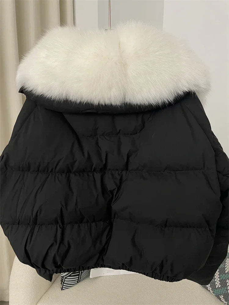 cropped duck down winter coat with real fox fur