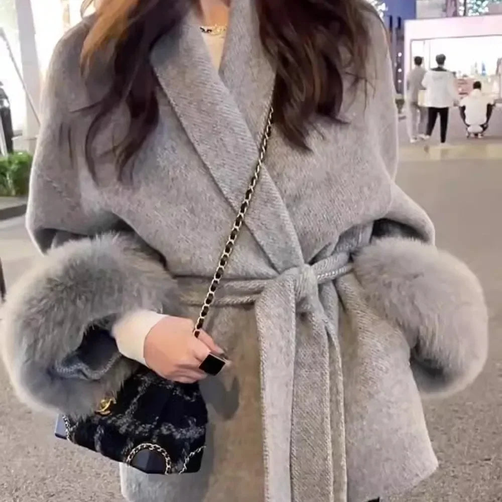 Real Wool Fur Coat Women's Removable Cuffs Fox Fur