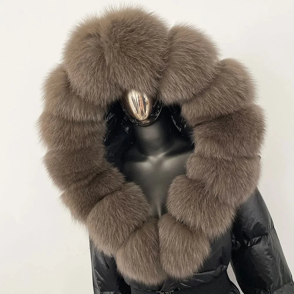 long coat with fox fur hood and belted waist