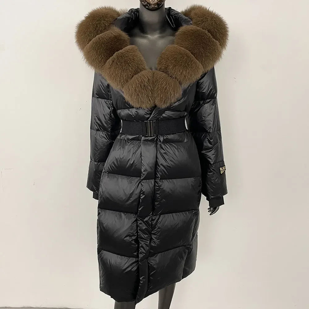 long coat with fox fur hood and belted waist