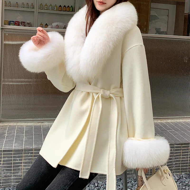 Lady Winter Trench Coats Real Fox Fur Collar