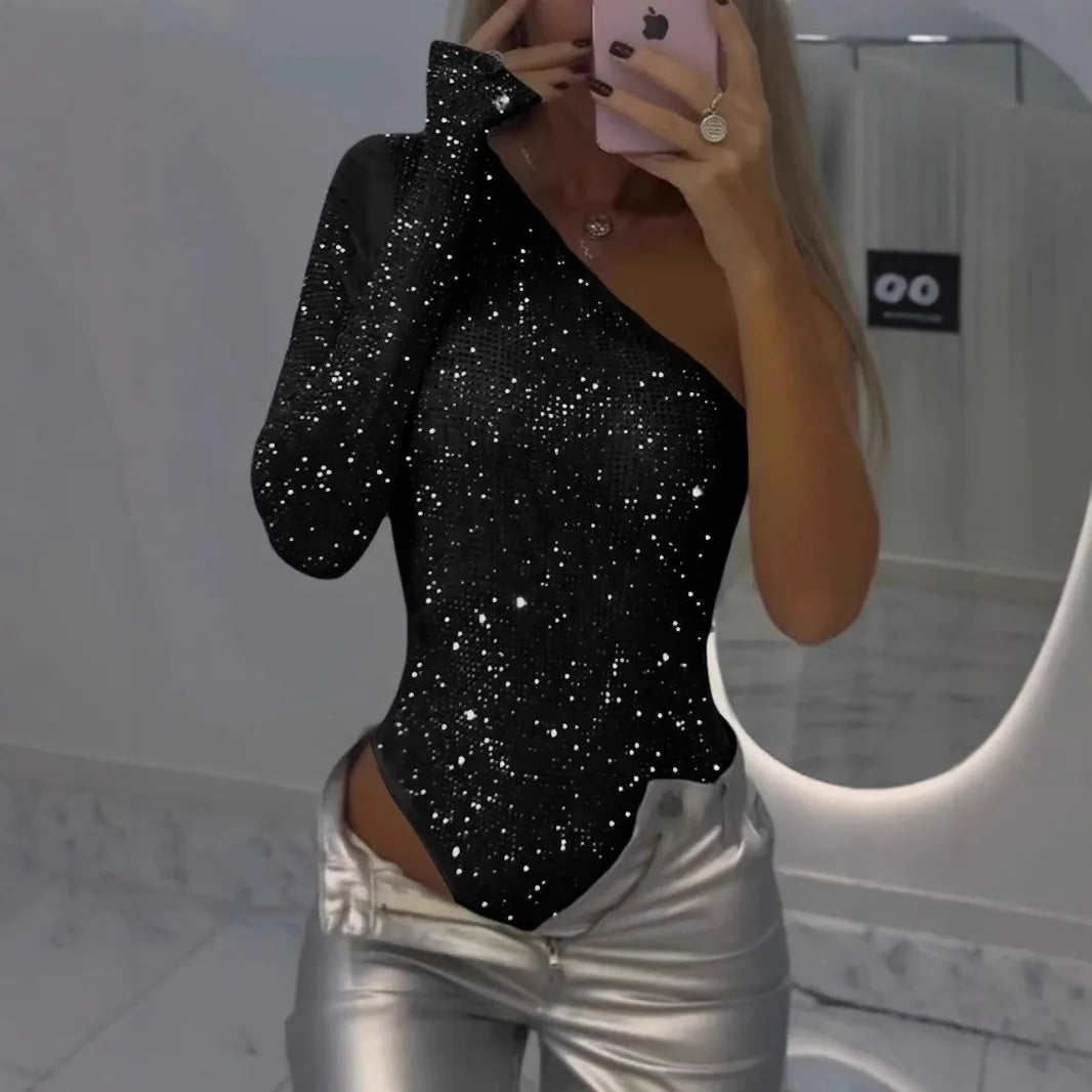 Diamonds Sequin Bodysuits One-shoulder