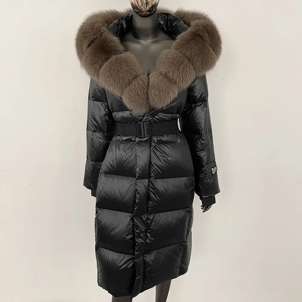 long coat with fox fur hood and belted waist