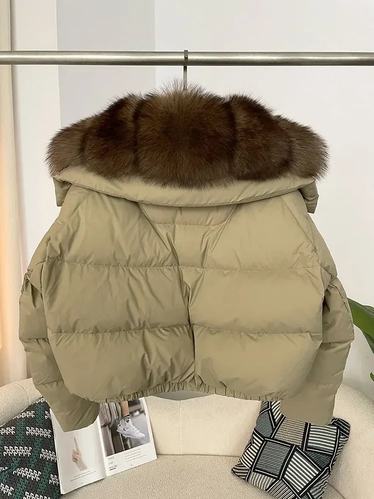 cropped duck down winter coat with real fox fur