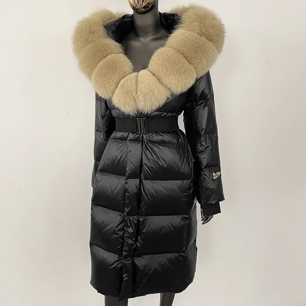 long coat with fox fur hood and belted waist