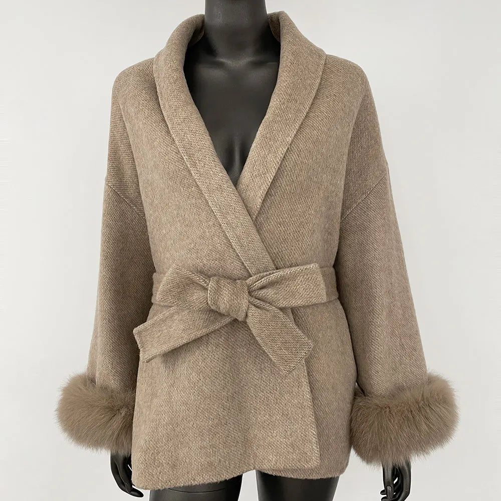 Real Wool Fur Coat Women's Removable Cuffs Fox Fur