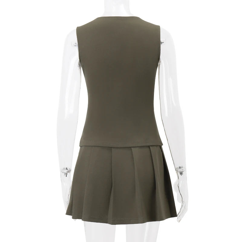 Two piece Set Sleeveless V-neck Slim Buttons Top Pleated Mini Skirt