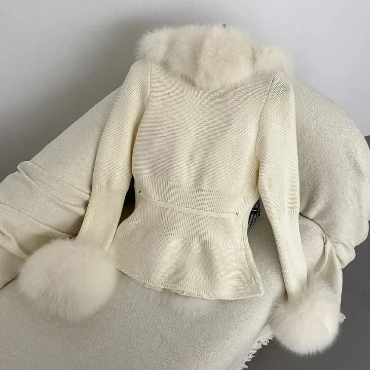 Real fox Fur Cardigan Detachable Collar