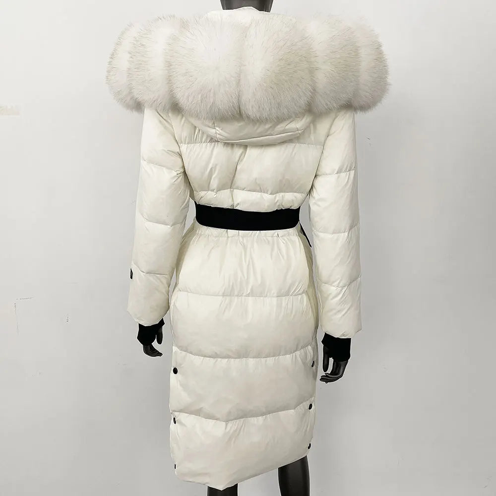 long coat with fox fur hood and belted waist