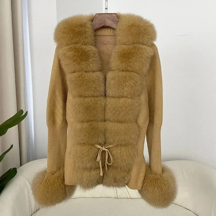 Real fox Fur Cardigan Detachable Collar