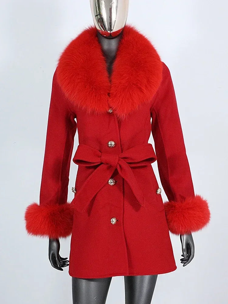 Long Winter Jacket Women Cuffs Belt Cashmere Real Fur Coat Natural Fox Fur Collar