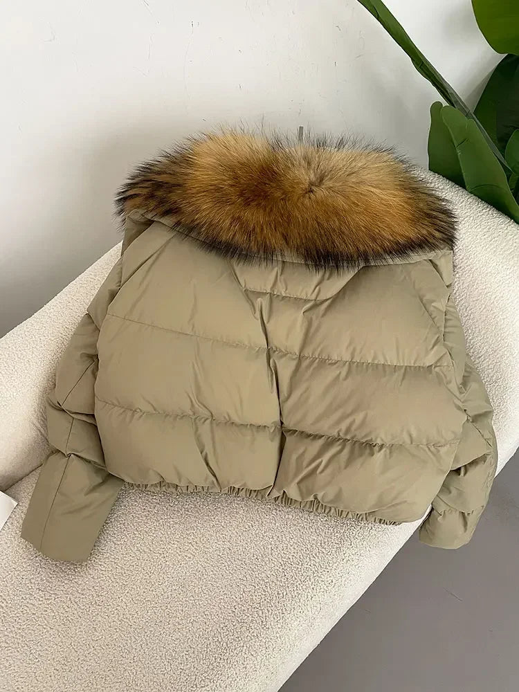 cropped duck down winter coat with real fox fur