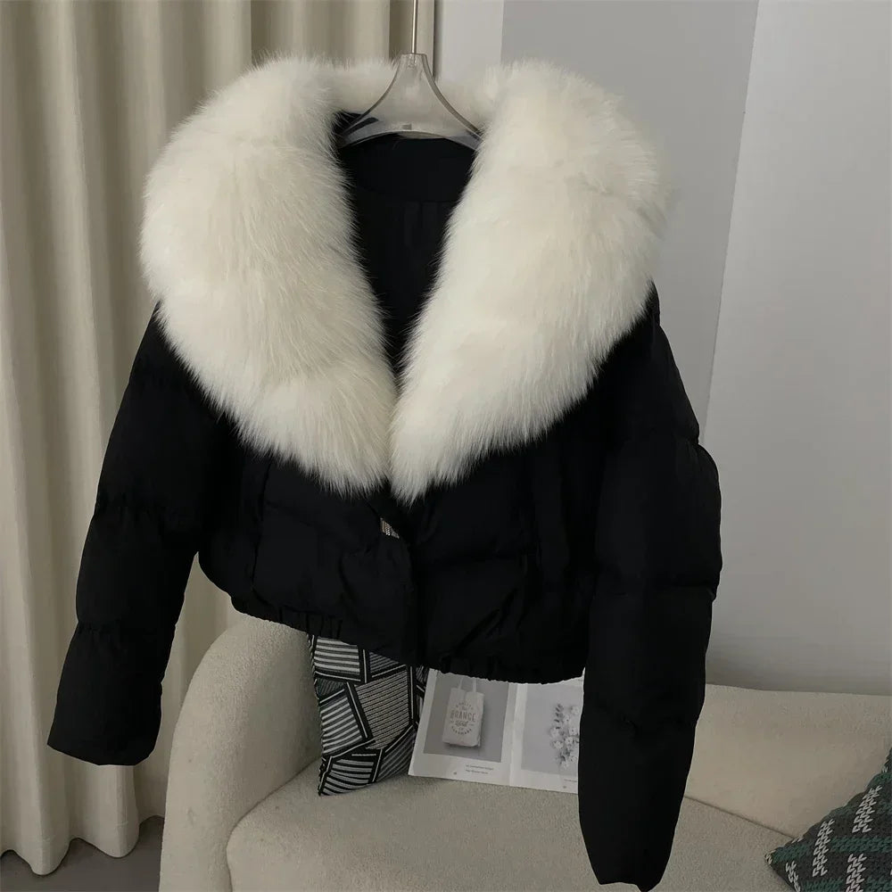 cropped duck down winter coat with real fox fur