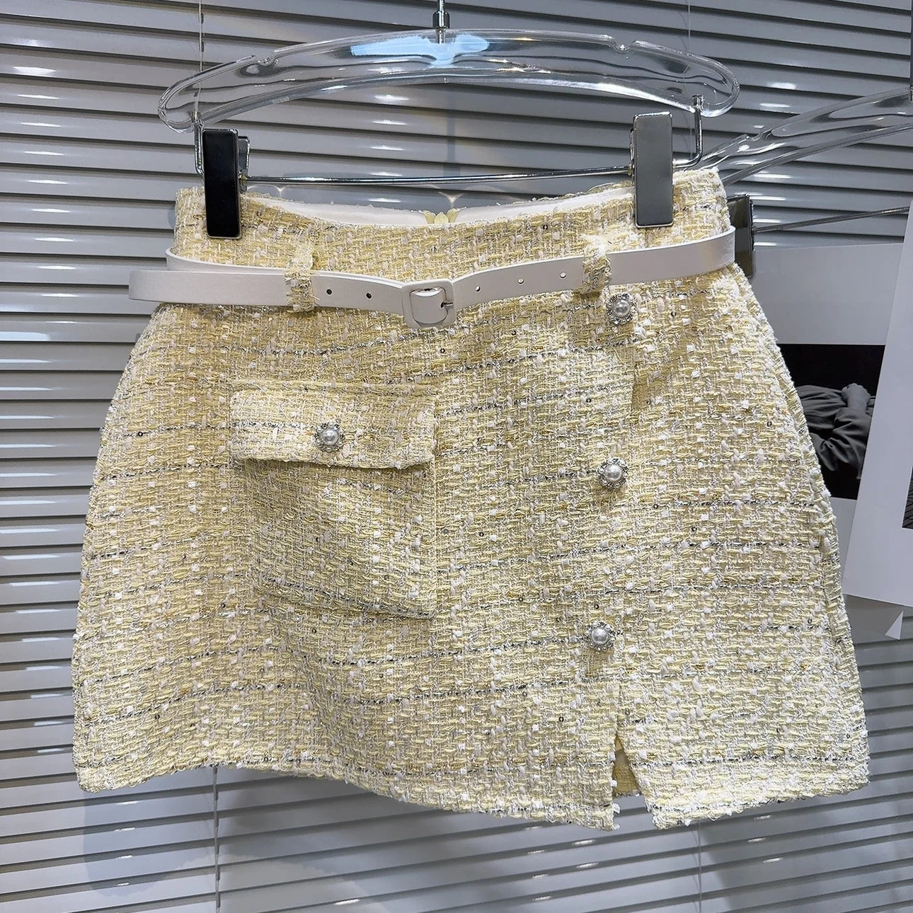 Yellow Tweed Short Jacket Skirt Two Piece Set