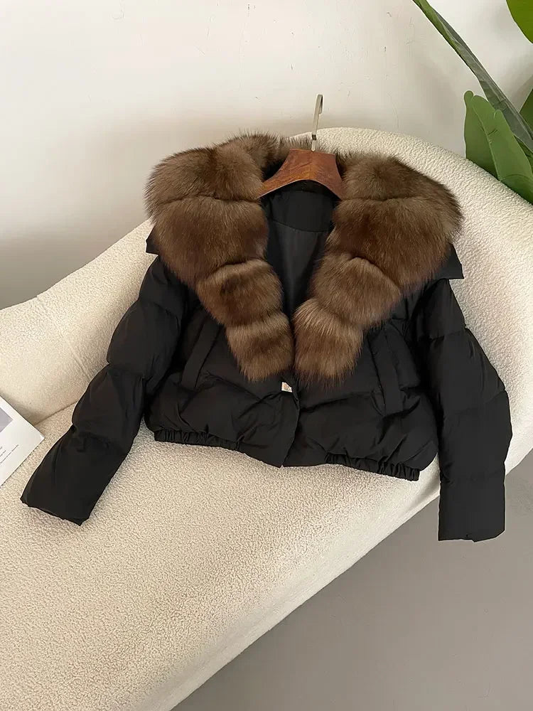 cropped duck down winter coat with real fox fur