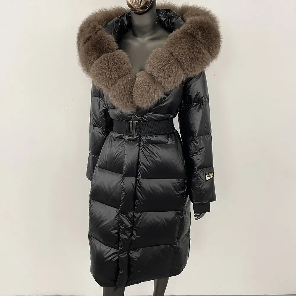 long coat with fox fur hood and belted waist