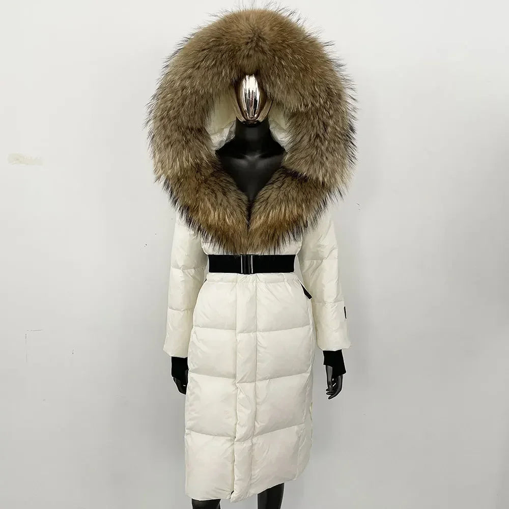 long coat with fox fur hood and belted waist