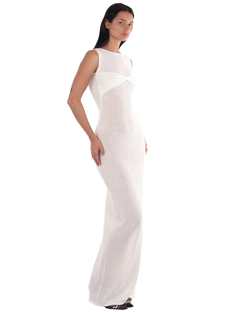 Knitted Round Neck Ruched Women Maxi Dress