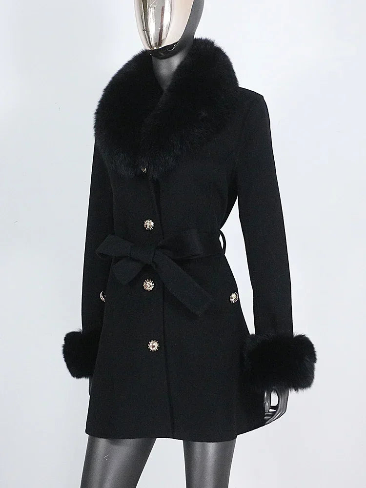 Long Winter Jacket Women Cuffs Belt Cashmere Real Fur Coat Natural Fox Fur Collar