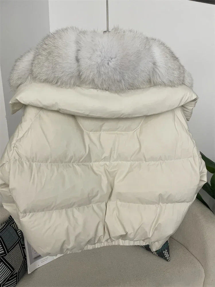 cropped duck down winter coat with real fox fur