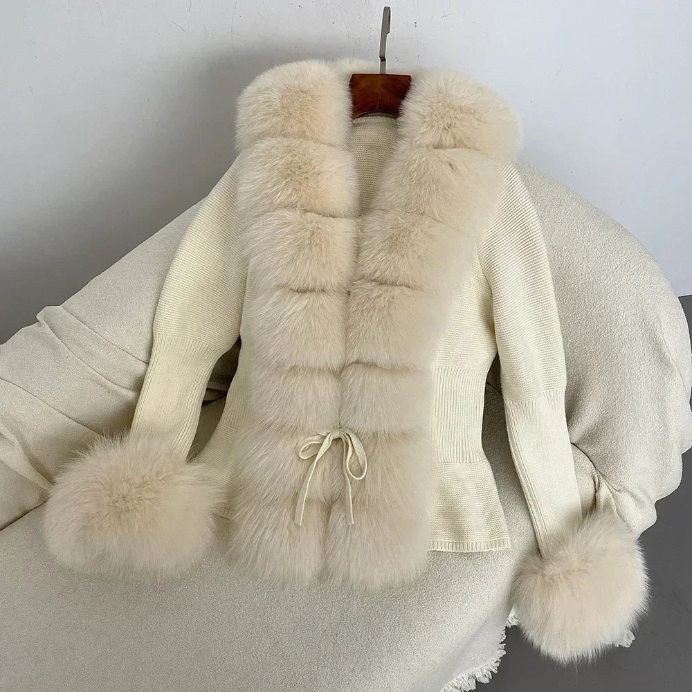 Real fox Fur Cardigan Detachable Collar